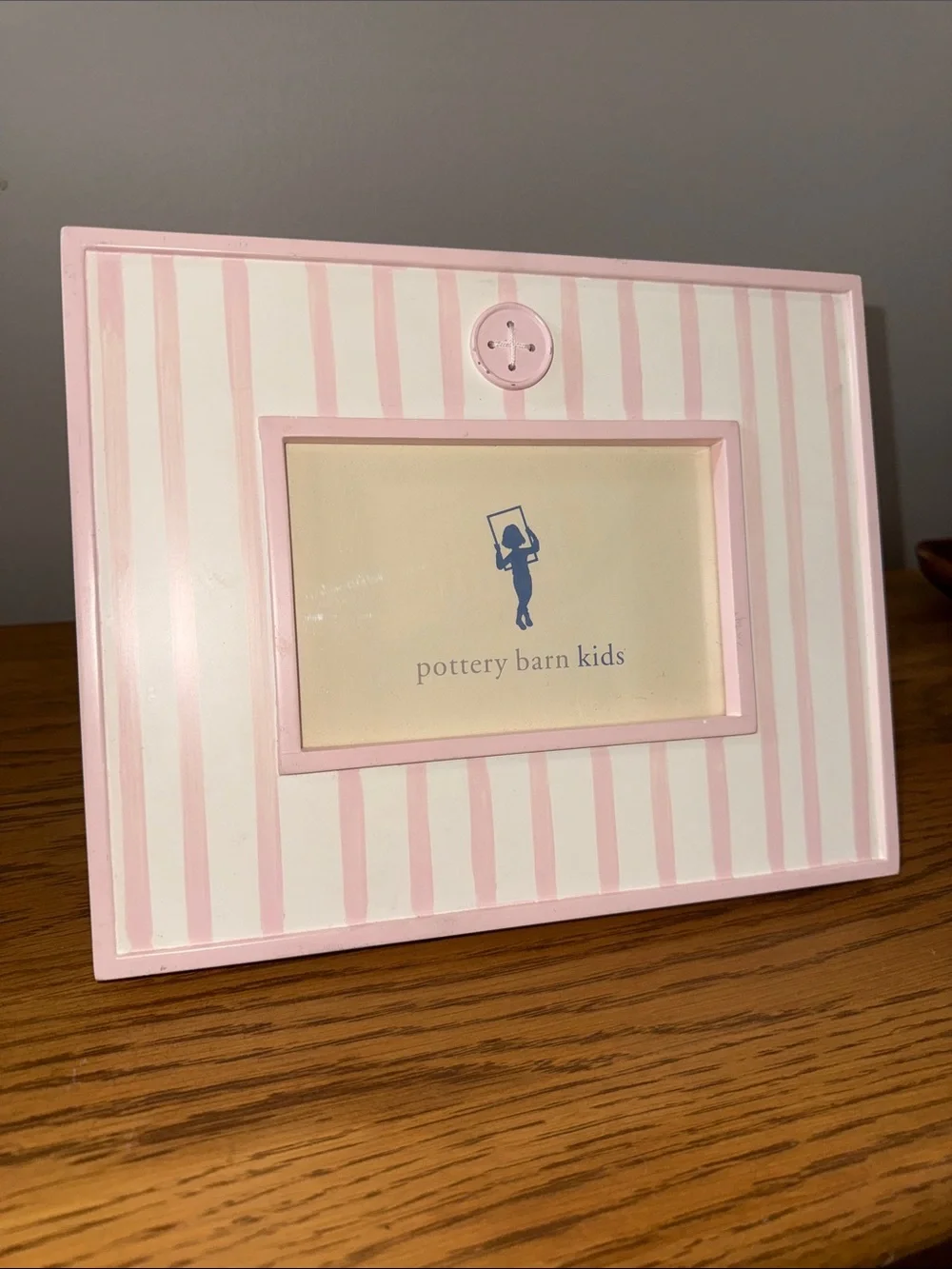 Pottery Barn Kids wood Pink Stripe Picture Frame w/ Button Detail